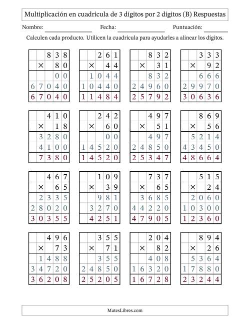 La hoja de ejercicios de Multiplicación con apoyo de cuadrícula de 3 dígitos por 2 dígitos (B) Página 2