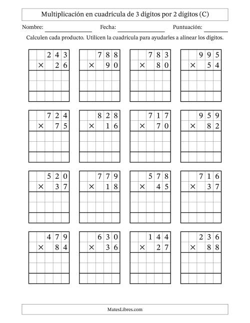 La hoja de ejercicios de Multiplicación con apoyo de cuadrícula de 3 dígitos por 2 dígitos (C)