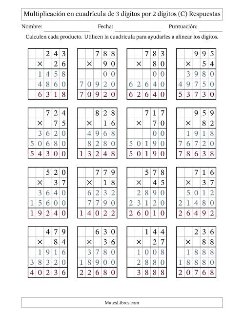 La hoja de ejercicios de Multiplicación con apoyo de cuadrícula de 3 dígitos por 2 dígitos (C) Página 2