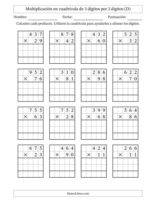 La hoja de ejercicios de Multiplicación con apoyo de cuadrícula de 3 dígitos por 2 dígitos (D)