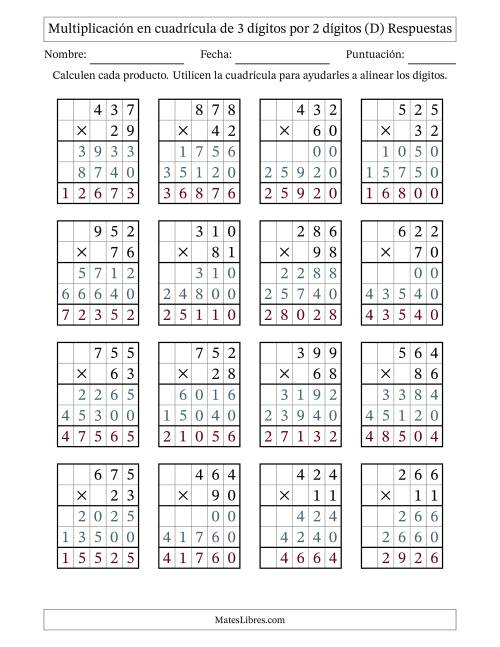 La hoja de ejercicios de Multiplicación con apoyo de cuadrícula de 3 dígitos por 2 dígitos (D) Página 2