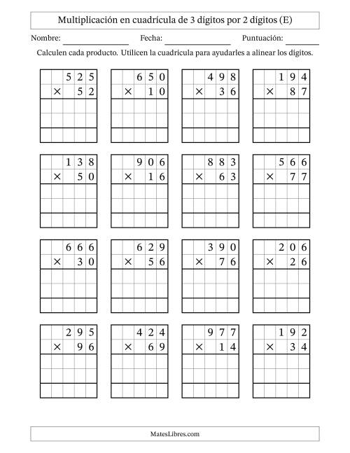La hoja de ejercicios de Multiplicación con apoyo de cuadrícula de 3 dígitos por 2 dígitos (E)