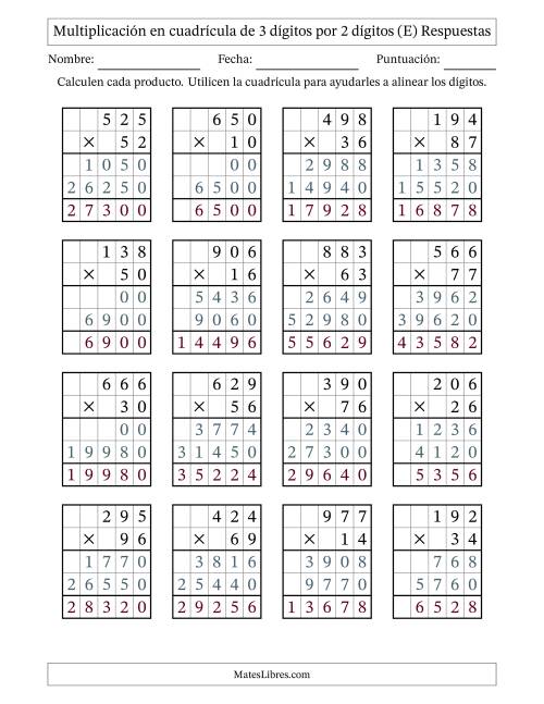 La hoja de ejercicios de Multiplicación con apoyo de cuadrícula de 3 dígitos por 2 dígitos (E) Página 2