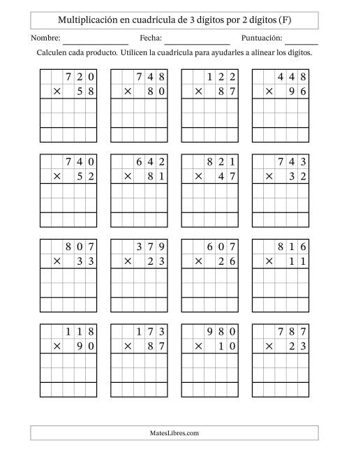 La hoja de ejercicios de Multiplicación con apoyo de cuadrícula de 3 dígitos por 2 dígitos (F)