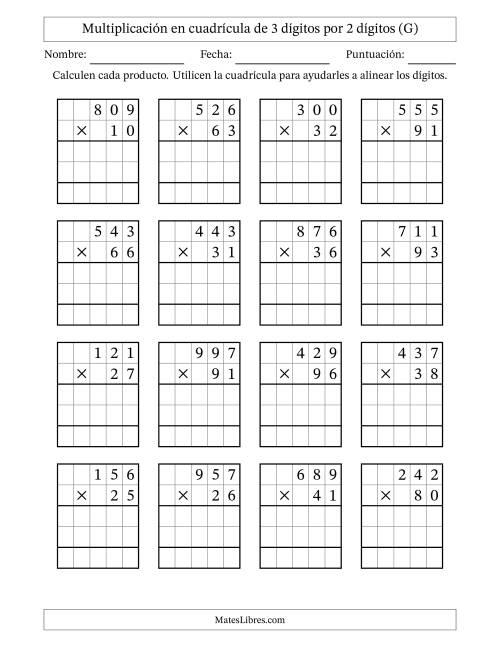 La hoja de ejercicios de Multiplicación con apoyo de cuadrícula de 3 dígitos por 2 dígitos (G)