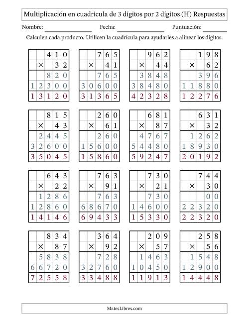 La hoja de ejercicios de Multiplicación con apoyo de cuadrícula de 3 dígitos por 2 dígitos (H) Página 2