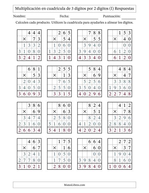 La hoja de ejercicios de Multiplicación con apoyo de cuadrícula de 3 dígitos por 2 dígitos (I) Página 2