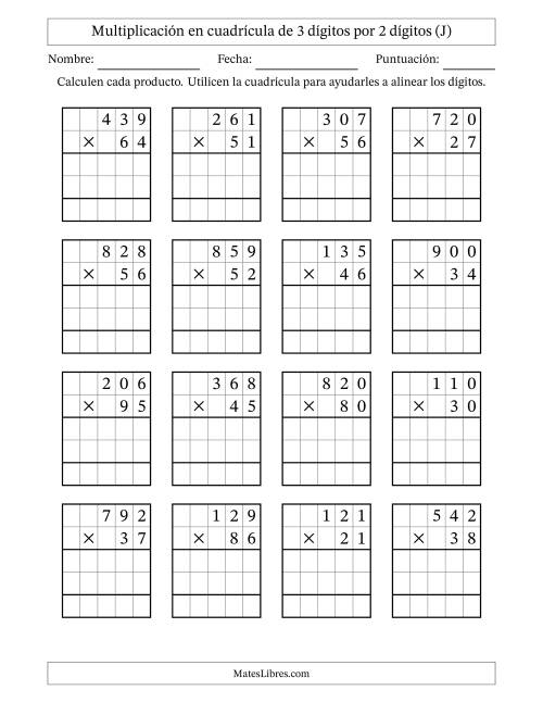 La hoja de ejercicios de Multiplicación con apoyo de cuadrícula de 3 dígitos por 2 dígitos (J)