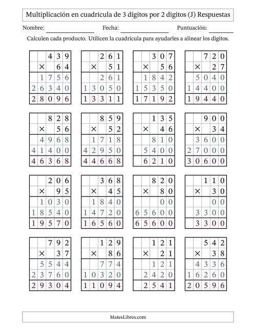 La hoja de ejercicios de Multiplicación con apoyo de cuadrícula de 3 dígitos por 2 dígitos (J) Página 2
