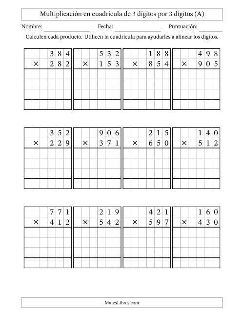 La hoja de ejercicios de Multiplicación con apoyo de cuadrícula de 3 dígitos por 3 dígitos (A)