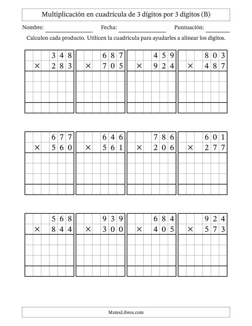 La hoja de ejercicios de Multiplicación con apoyo de cuadrícula de 3 dígitos por 3 dígitos (B)