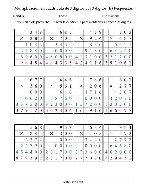 La hoja de ejercicios de Multiplicación con apoyo de cuadrícula de 3 dígitos por 3 dígitos (B) Página 2