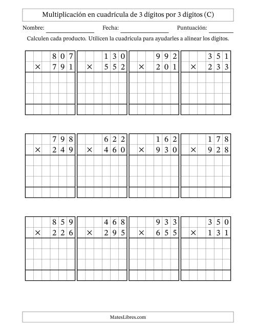La hoja de ejercicios de Multiplicación con apoyo de cuadrícula de 3 dígitos por 3 dígitos (C)