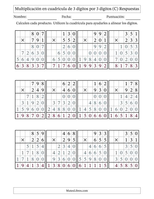 La hoja de ejercicios de Multiplicación con apoyo de cuadrícula de 3 dígitos por 3 dígitos (C) Página 2