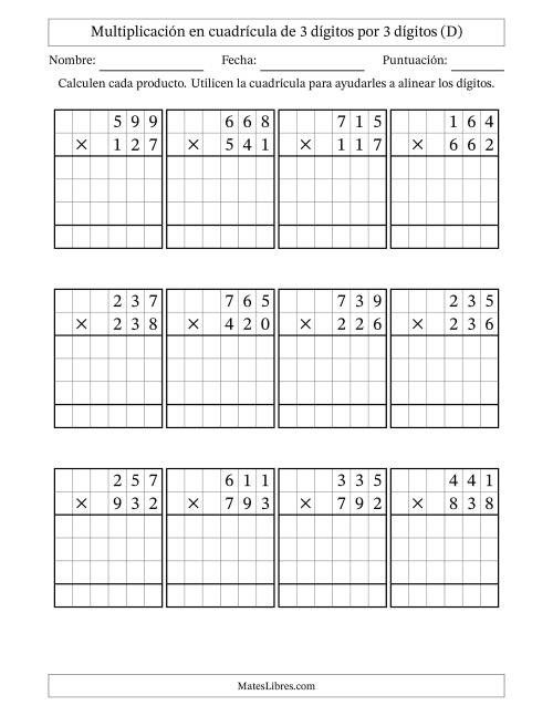 La hoja de ejercicios de Multiplicación con apoyo de cuadrícula de 3 dígitos por 3 dígitos (D)