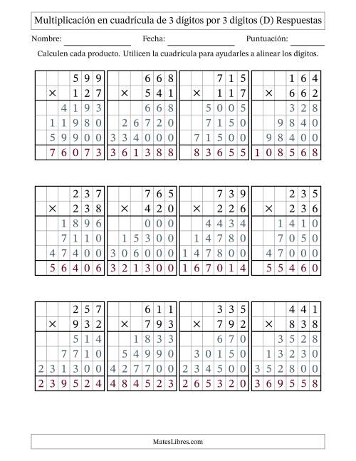 La hoja de ejercicios de Multiplicación con apoyo de cuadrícula de 3 dígitos por 3 dígitos (D) Página 2