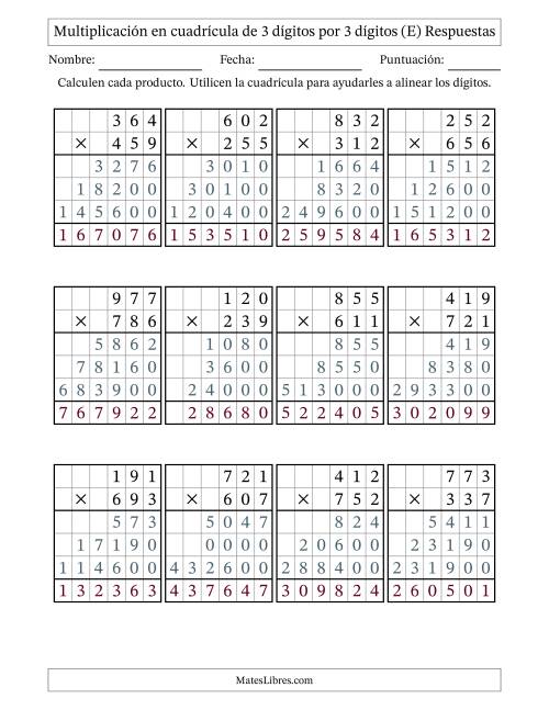La hoja de ejercicios de Multiplicación con apoyo de cuadrícula de 3 dígitos por 3 dígitos (E) Página 2