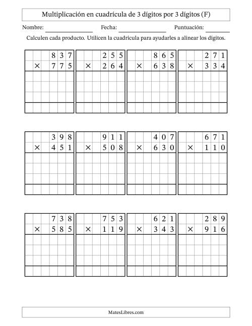 La hoja de ejercicios de Multiplicación con apoyo de cuadrícula de 3 dígitos por 3 dígitos (F)