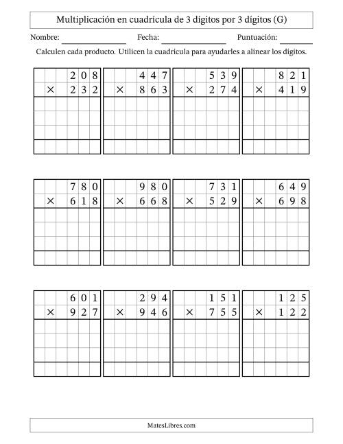 La hoja de ejercicios de Multiplicación con apoyo de cuadrícula de 3 dígitos por 3 dígitos (G)