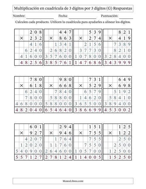 La hoja de ejercicios de Multiplicación con apoyo de cuadrícula de 3 dígitos por 3 dígitos (G) Página 2