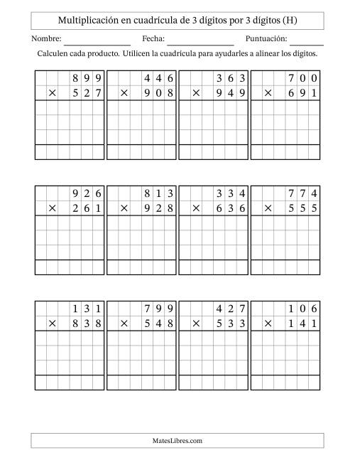 La hoja de ejercicios de Multiplicación con apoyo de cuadrícula de 3 dígitos por 3 dígitos (H)