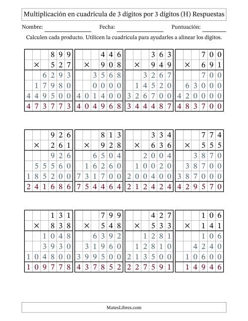 La hoja de ejercicios de Multiplicación con apoyo de cuadrícula de 3 dígitos por 3 dígitos (H) Página 2