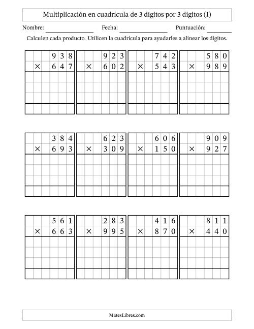 La hoja de ejercicios de Multiplicación con apoyo de cuadrícula de 3 dígitos por 3 dígitos (I)