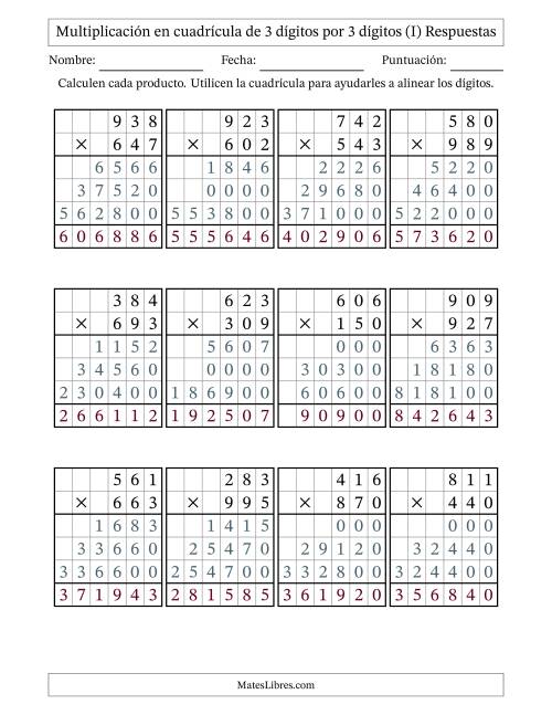 La hoja de ejercicios de Multiplicación con apoyo de cuadrícula de 3 dígitos por 3 dígitos (I) Página 2