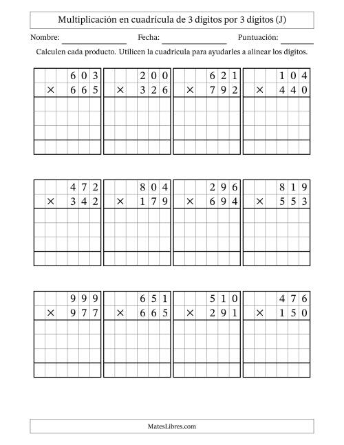 La hoja de ejercicios de Multiplicación con apoyo de cuadrícula de 3 dígitos por 3 dígitos (J)