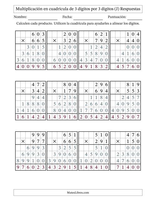 La hoja de ejercicios de Multiplicación con apoyo de cuadrícula de 3 dígitos por 3 dígitos (J) Página 2