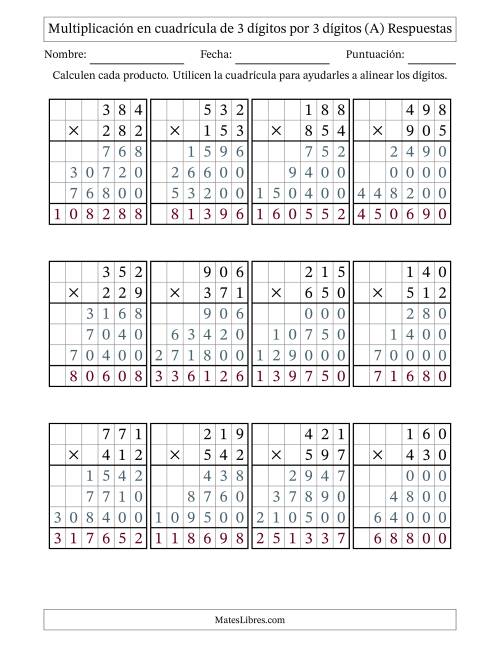 La hoja de ejercicios de Multiplicación con apoyo de cuadrícula de 3 dígitos por 3 dígitos (Todas) Página 2