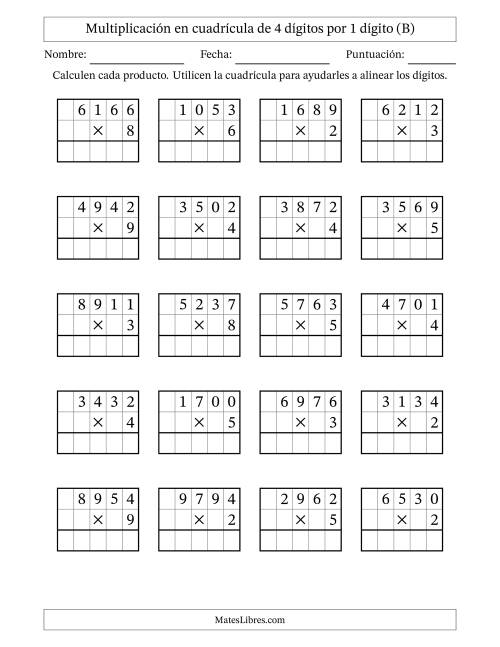 La hoja de ejercicios de Multiplicación con apoyo de cuadrícula de 4 dígitos por 1 dígito (B)