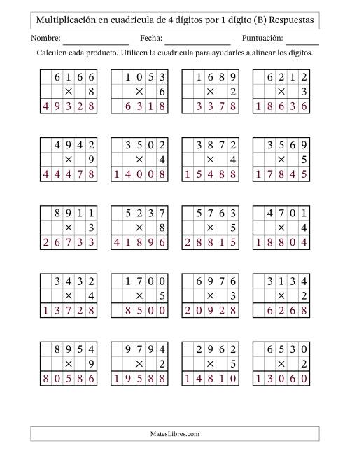 La hoja de ejercicios de Multiplicación con apoyo de cuadrícula de 4 dígitos por 1 dígito (B) Página 2