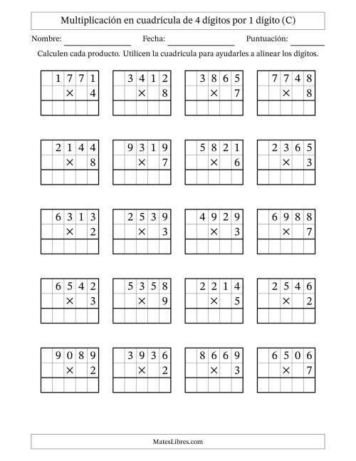 La hoja de ejercicios de Multiplicación con apoyo de cuadrícula de 4 dígitos por 1 dígito (C)