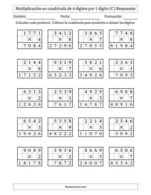 La hoja de ejercicios de Multiplicación con apoyo de cuadrícula de 4 dígitos por 1 dígito (C) Página 2