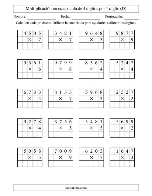 La hoja de ejercicios de Multiplicación con apoyo de cuadrícula de 4 dígitos por 1 dígito (D)