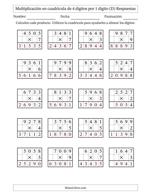 La hoja de ejercicios de Multiplicación en Cuadrícula, Cuatro Dígitos por Un Dígito (D) Página 2