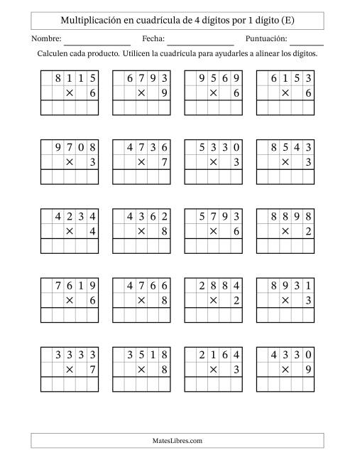 La hoja de ejercicios de Multiplicación con apoyo de cuadrícula de 4 dígitos por 1 dígito (E)