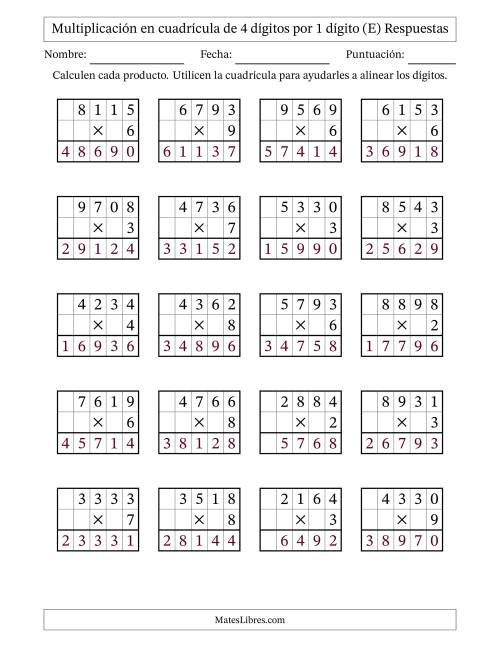 La hoja de ejercicios de Multiplicación con apoyo de cuadrícula de 4 dígitos por 1 dígito (E) Página 2