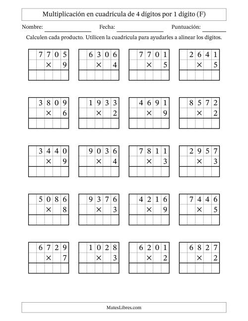 La hoja de ejercicios de Multiplicación con apoyo de cuadrícula de 4 dígitos por 1 dígito (F)