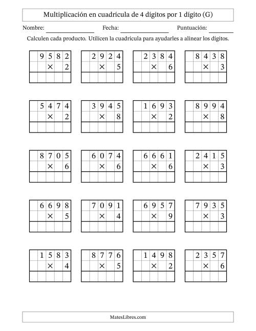 La hoja de ejercicios de Multiplicación con apoyo de cuadrícula de 4 dígitos por 1 dígito (G)