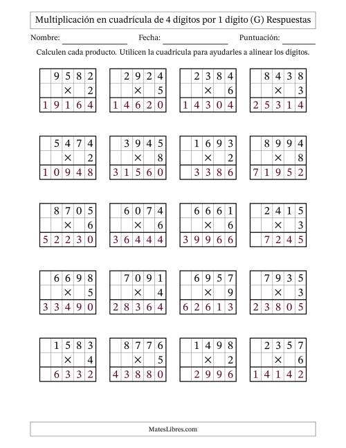 La hoja de ejercicios de Multiplicación en Cuadrícula, Cuatro Dígitos por Un Dígito (G) Página 2