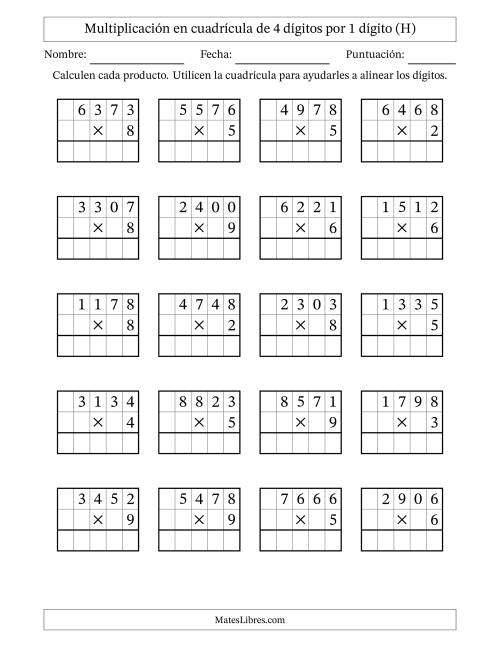 La hoja de ejercicios de Multiplicación con apoyo de cuadrícula de 4 dígitos por 1 dígito (H)