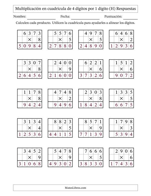 La hoja de ejercicios de Multiplicación con apoyo de cuadrícula de 4 dígitos por 1 dígito (H) Página 2