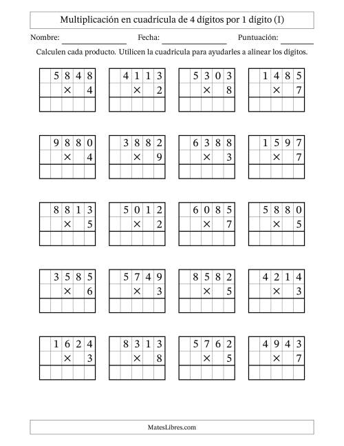 La hoja de ejercicios de Multiplicación con apoyo de cuadrícula de 4 dígitos por 1 dígito (I)