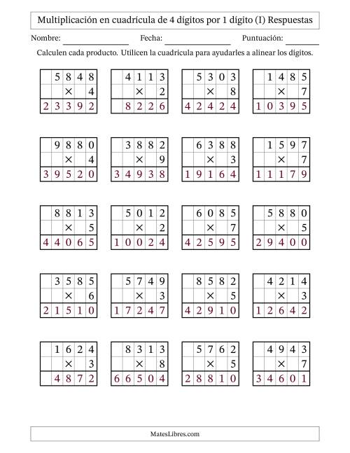 La hoja de ejercicios de Multiplicación con apoyo de cuadrícula de 4 dígitos por 1 dígito (I) Página 2
