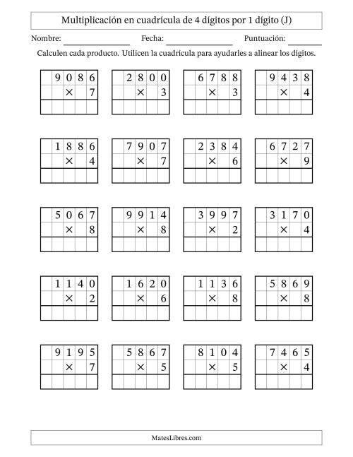 La hoja de ejercicios de Multiplicación en Cuadrícula, Cuatro Dígitos por Un Dígito (J)