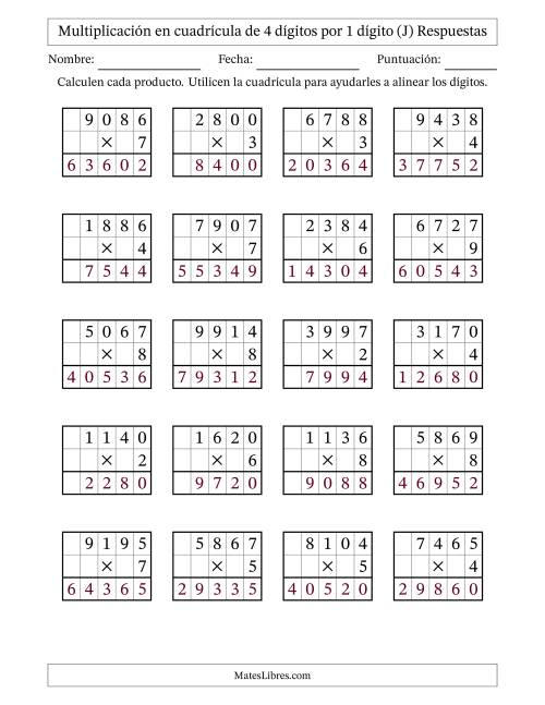 La hoja de ejercicios de Multiplicación en Cuadrícula, Cuatro Dígitos por Un Dígito (J) Página 2