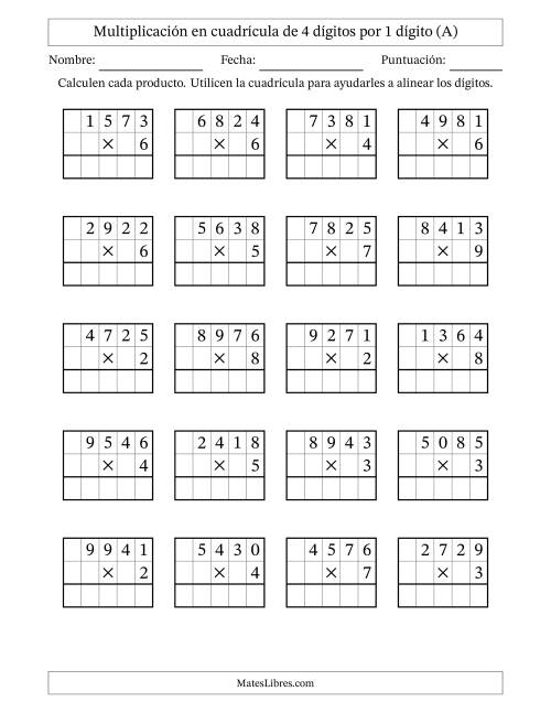 La hoja de ejercicios de Multiplicación con apoyo de cuadrícula de 4 dígitos por 1 dígito (Todas)