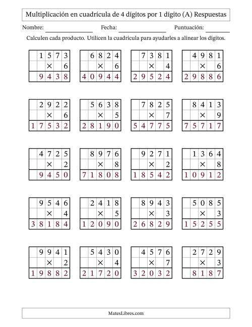 La hoja de ejercicios de Multiplicación con apoyo de cuadrícula de 4 dígitos por 1 dígito (Todas) Página 2